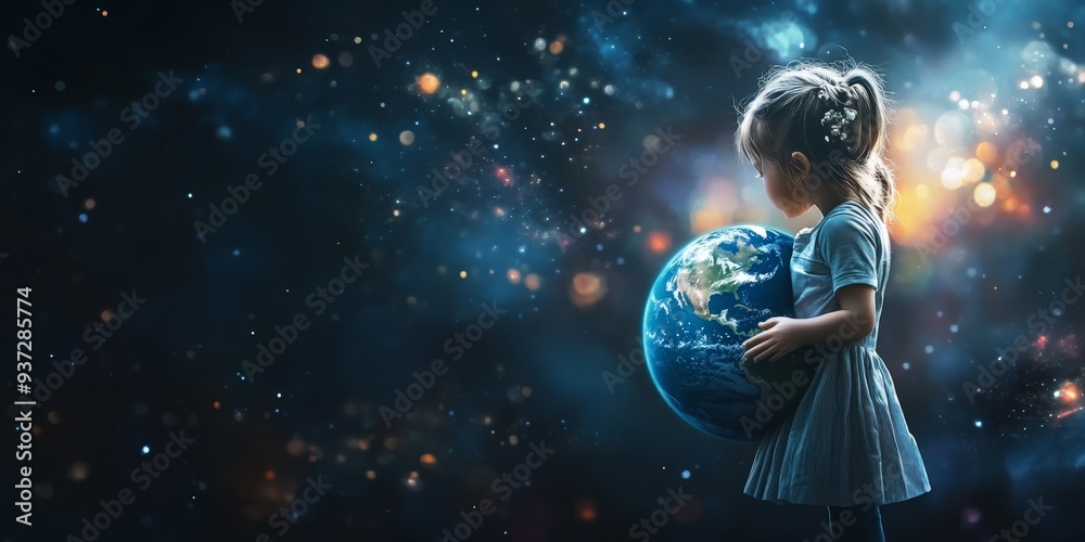 Creative Abstract: Little Girl Embracing Planet Earth Model. Conceptual Illustration for World Children's Day, Environmental Protection, and Global Awareness. Minimalist Design with Elegant Gradient T Creative Abstract: Little Girl Embracing Planet Earth Model. Conceptual Illustration for World Children's Day, Environmental Protection, and Global Awareness. Minimalist Design with Elegant Gradient T