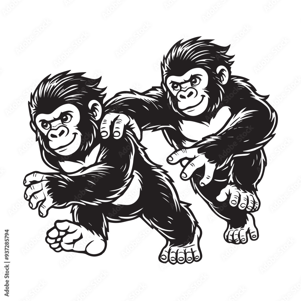 Fototapeta premium Gorilla Silhouette - Funny Gorilla Gesture, Muscle Gorilla Clipart, A Sibling Chase Gorilla Illustration in black and white 