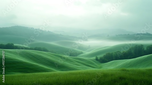 Foggy Morning Landscape with Rolling Green Hills Photo