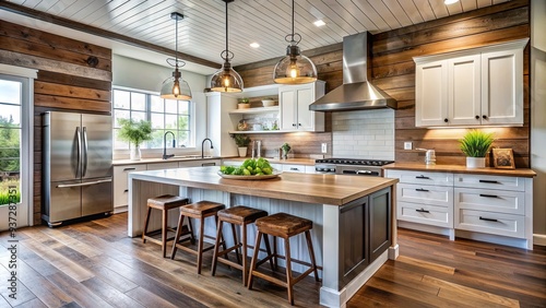 Modern farmhouse-style kitchen with shiplap accent wall, reclaimed wood island, and stainless steel appliances, perfect for renovation and interior design inspiration. photo