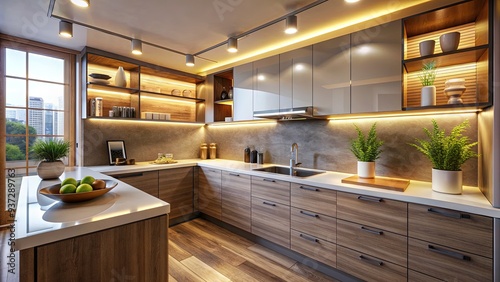 Modern kitchen features sleek under-cabinet lighting that illuminates countertops and ambiance, creating a warm and inviting atmosphere in the cooking and dining area morning.