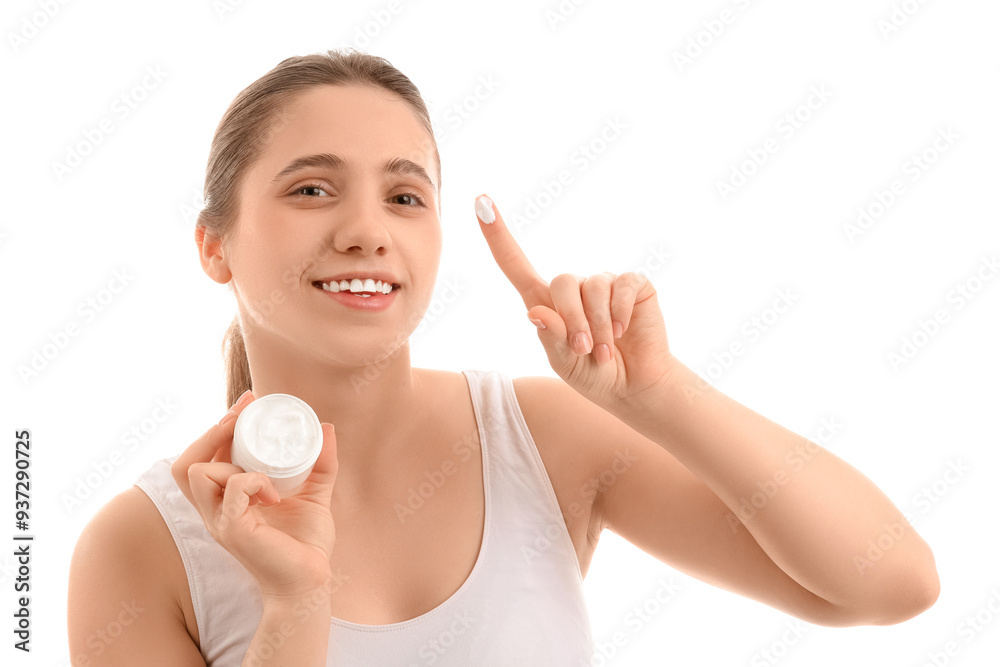 Young woman with jar of facial cream on white background, closeup