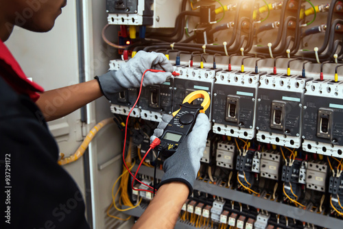Electrical and electricity service technician checking electric current voltage at circuit breaker terminal and cable wiring in main power distribution board panel for safety maintenance system.