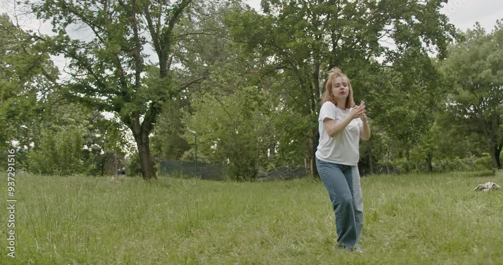 Carefree woman dances in a park, enjoying the outdoors and expressing herself through movement. Carefree woman dances in a park, enjoying the outdoors and expressing herself through movement.