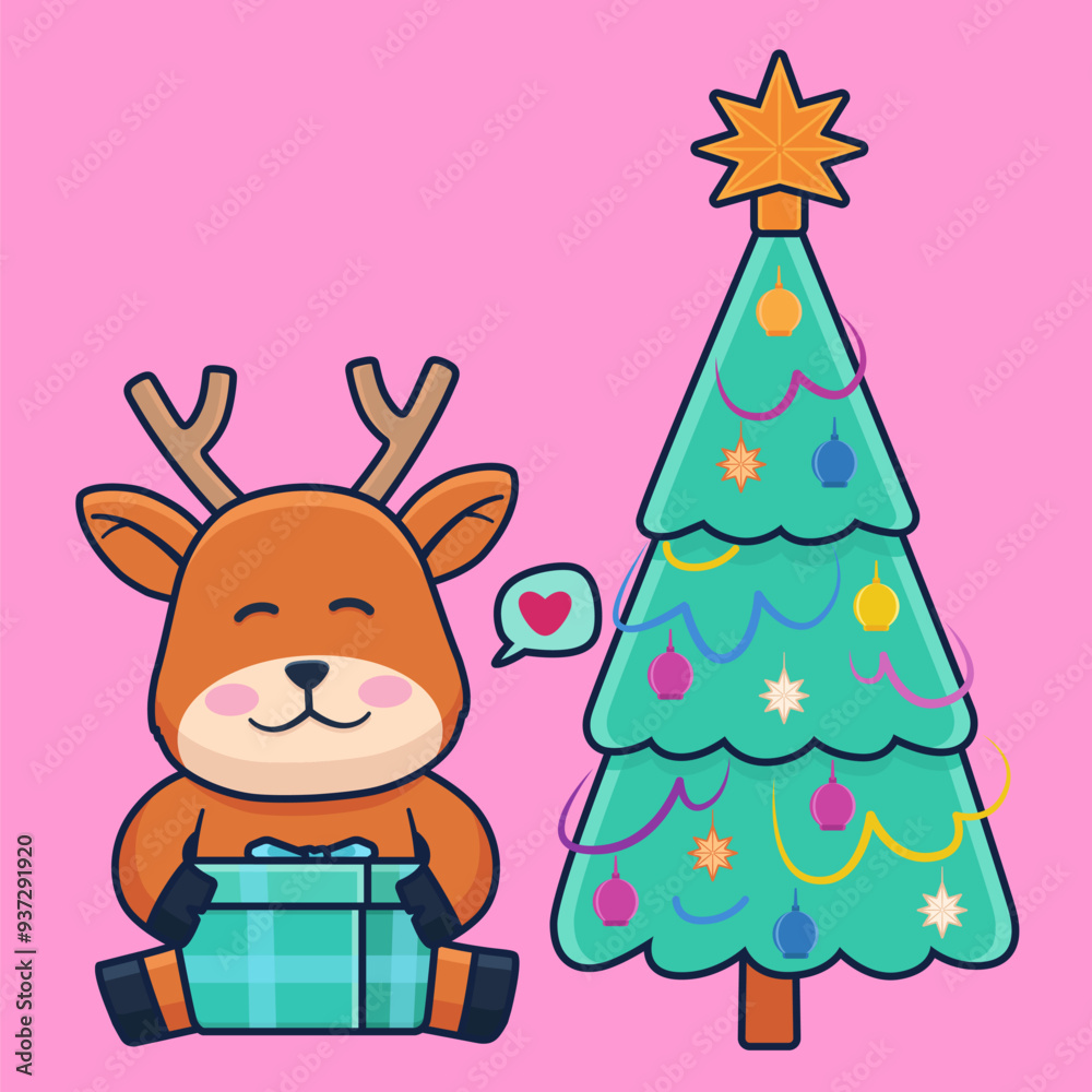 Vector Illustration of Cute Reindeer Hugging A Gift Box. Christmas tree decorations. Vector Illustration of Cute Reindeer Hugging A Gift Box. Christmas tree decorations.