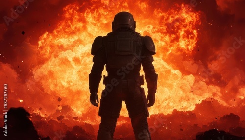 A battlehardened hero standing on a battlefield, surrounded by epic explosions and towering enemies, capturing the intensity of an actionpacked game scene photo