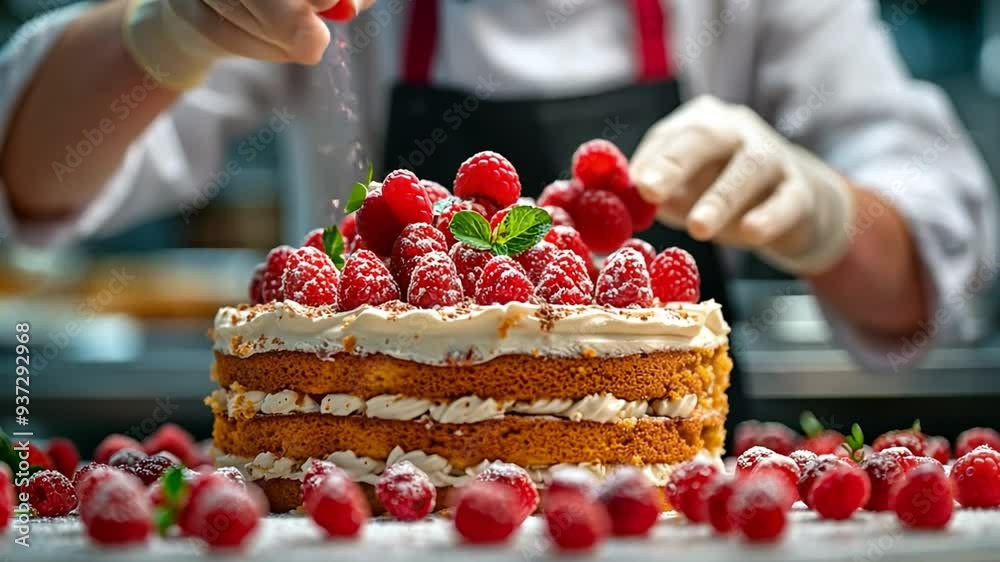 Chefs in a restaurant decorating a cake
