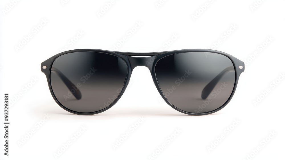 A pair of sunglasses with a black frame and a grey lens A pair of sunglasses with a black frame and a grey lens