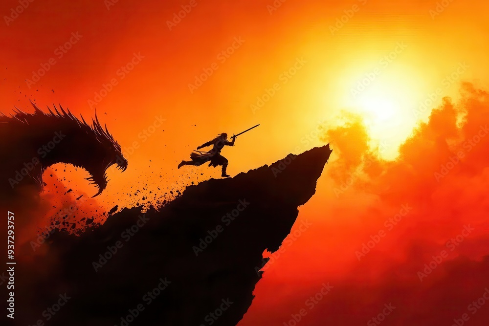 A legendary warrior leaping from a crumbling cliff, sword drawn, towards a massive dragon, with an epic sunset casting dramatic shadows, embodying ultimate action and heroism A legendary warrior leaping from a crumbling cliff, sword drawn, towards a massive dragon, with an epic sunset casting dramatic shadows, embodying ultimate action and heroism