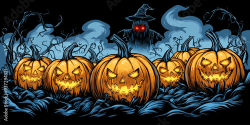 Spooky Halloween scene with glowing jack-o-lanterns, a sinister scarecrow, and misty blue fog in a dark, eerie atmosphere