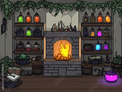Cozy witch’s potion room with a glowing fireplace, colorful potion bottles, cauldrons, and shelves filled with magical ingredients