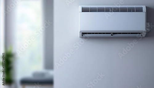 A sleek modern air conditioning unit mounted on a wall, with cool air visibly circulating through a minimalist living room, creating a refreshing and comfortable atmosphere