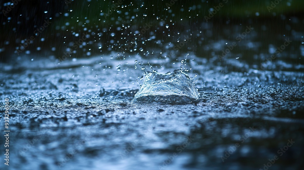Raindrop Symphony: A close-up captures the mesmerizing dance of raindrops as they collide with a wet surface, creating a symphony of splashes and ripples. 