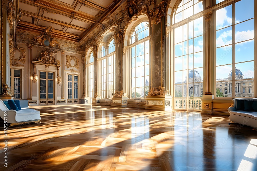 Sunlit Room with Large Windows and Golden Ornate Details. Sunlit Room with Large Windows and Golden Ornate Details.