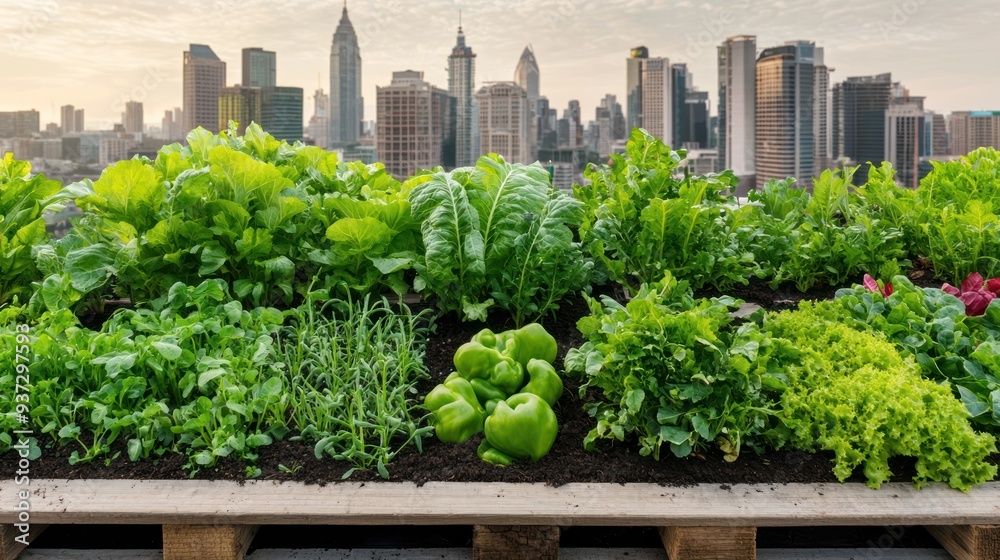 Cityscape Oasis: Lush Sustainable Urban Rooftop Garden with Skyline View
