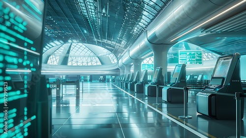 A futuristic airport with advanced security and check-in systems.