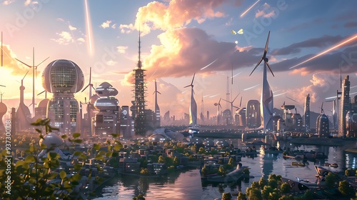 A futuristic city powered by clean energy sources.