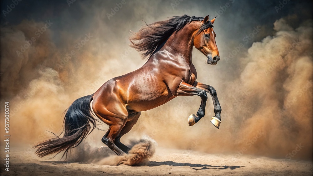 Powerful brown horse rears up on hind legs, kicking out with front hooves in a dynamic display of strength and energy in a dusty arena setting. Powerful brown horse rears up on hind legs, kicking out with front hooves in a dynamic display of strength and energy in a dusty arena setting.