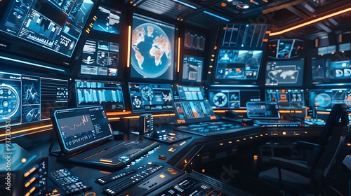 A futuristic control room filled with advanced monitors and consoles.