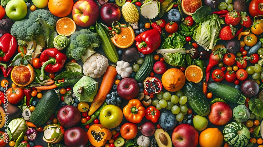 Vibrant background of fresh vegetables and fruits, rich in color Vibrant background of fresh vegetables and fruits, rich in color