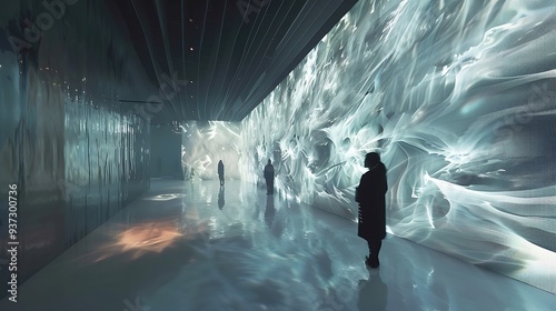 A futuristic digital art installation in a modern gallery.