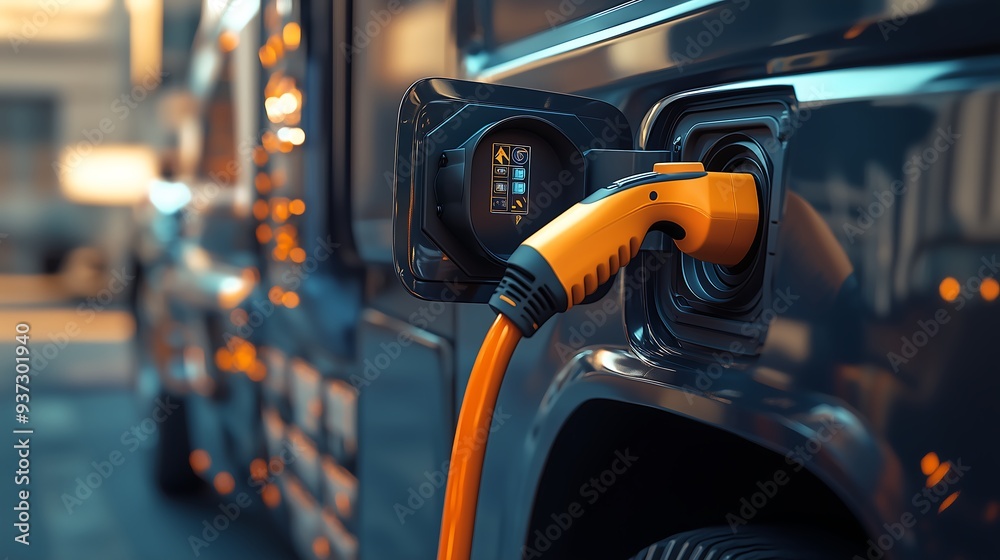 Close-up of an electric truck being charged at a charging station Close-up of an electric truck being charged at a charging station