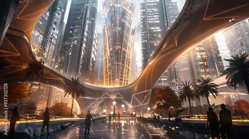A futuristic energy-efficient skyscraper in a modern city.