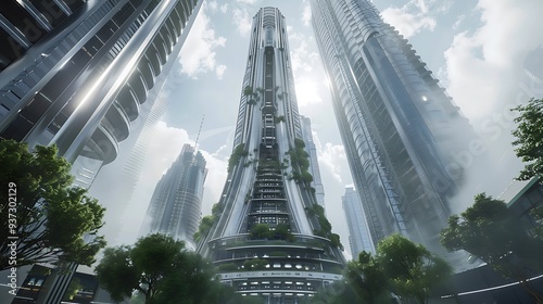A futuristic energy-efficient skyscraper in a modern city.