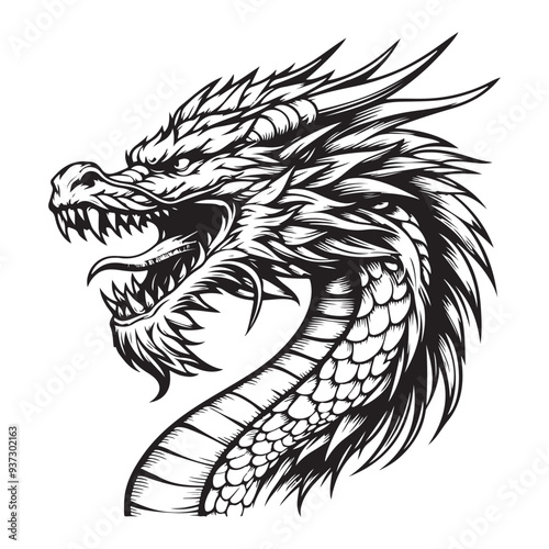 Lin art of dragon head roaring cartoon vector