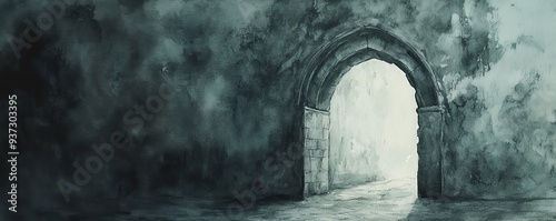 Mysterious medieval stone archway with light shining through, surrounded by dark walls in an ancient, atmospheric setting.