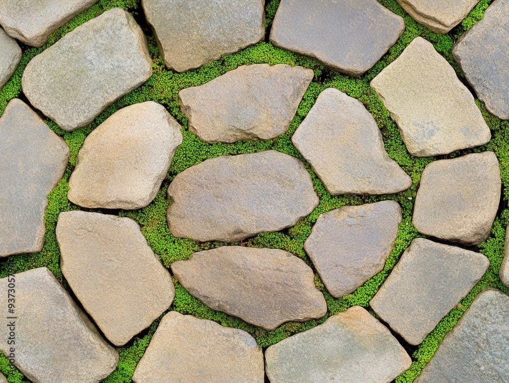 Obraz premium Textured pathway of natural stones surrounded by vibrant green moss in a serene garden setting