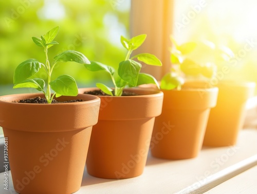 Sunlight streaming onto small plants in pots by the window during a bright morning