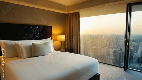 A luxurious hotel room tour showcasing stunning city views in Mexico City at sunset