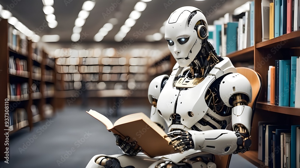 AI robot reading a book while seated at a library. Disruptive technology, innovation, machine learning, and artificial intelligence. AI robot reading a book while seated at a library. Disruptive technology, innovation, machine learning, and artificial intelligence.