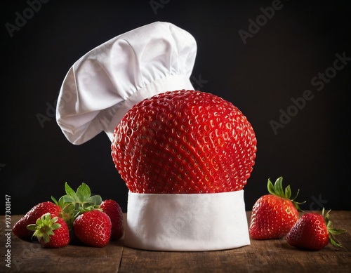 Chef hat with strawberry concept photo manipulation. Ai generated image  photo