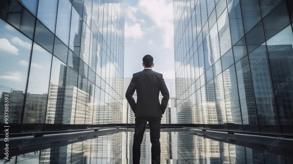 A businessman in a suit stands with his back to the camera, looking up at modern glass skyscrapers. A businessman in a suit stands with his back to the camera, looking up at modern glass skyscrapers.