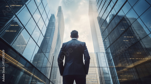 A businessman in a suit stands with his back to the camera, looking up at modern glass skyscrapers.