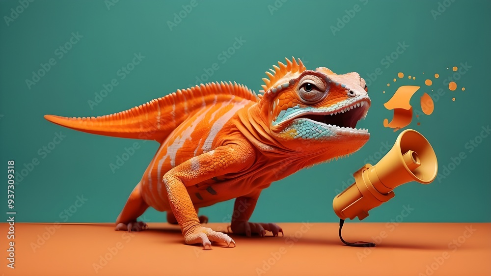 Innovative idea for an announcement. Playful combination of fauna with a bright chameleon that seems like it's screaming into a megaphone against a solid orange background. Innovative idea for an announcement. Playful combination of fauna with a bright chameleon that seems like it's screaming into a megaphone against a solid orange background.