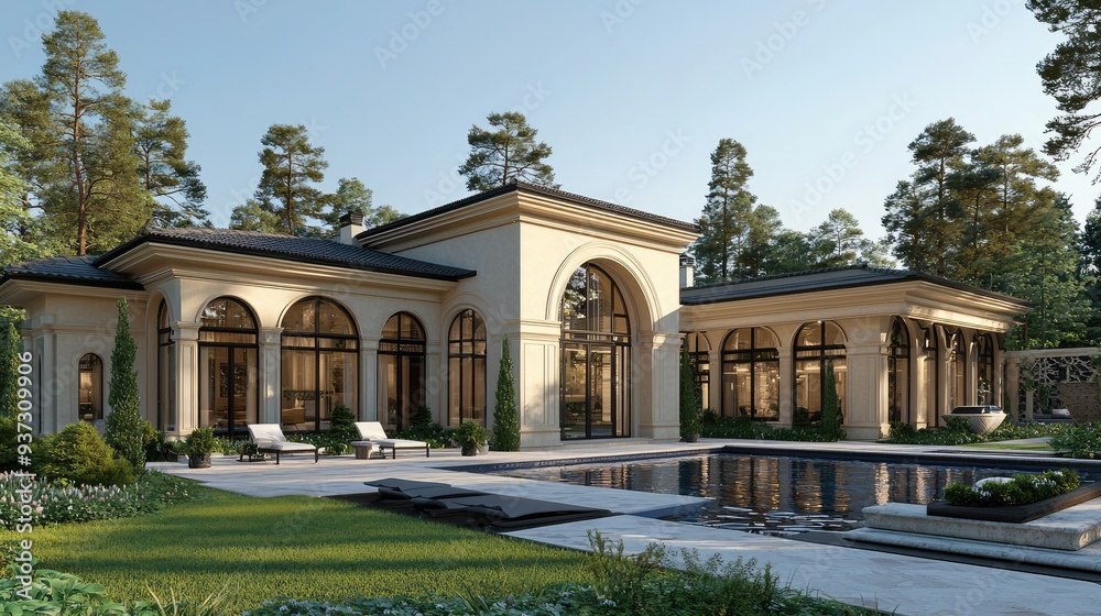 Luxury villa with pool surrounded by greenery and architecture Luxury villa with pool surrounded by greenery and architecture
