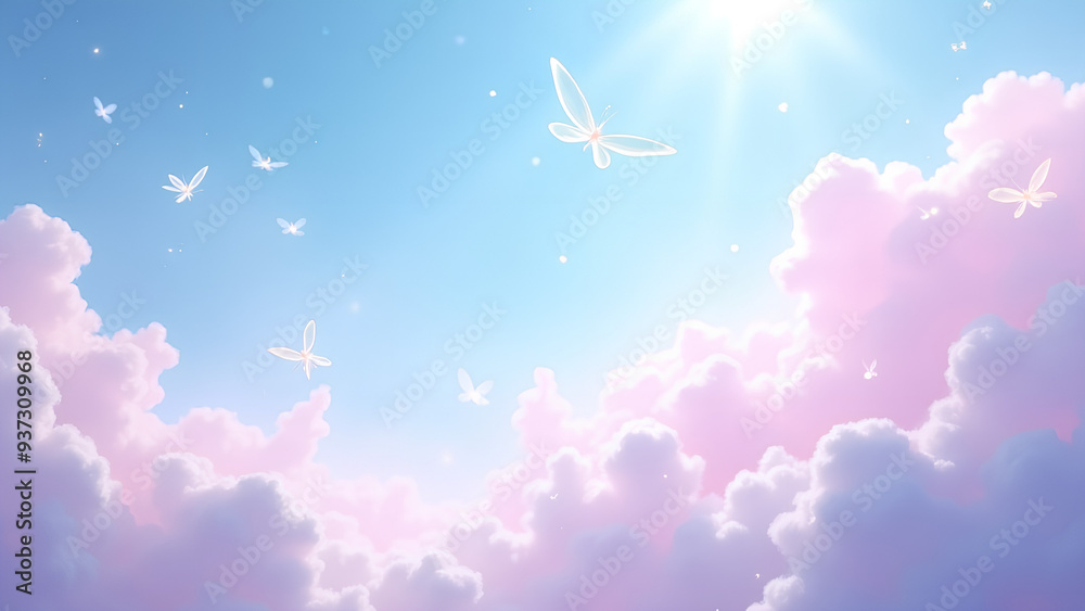 Fototapeta premium A heavenly sky full with ethereal misty fluffy clouds with sparkles