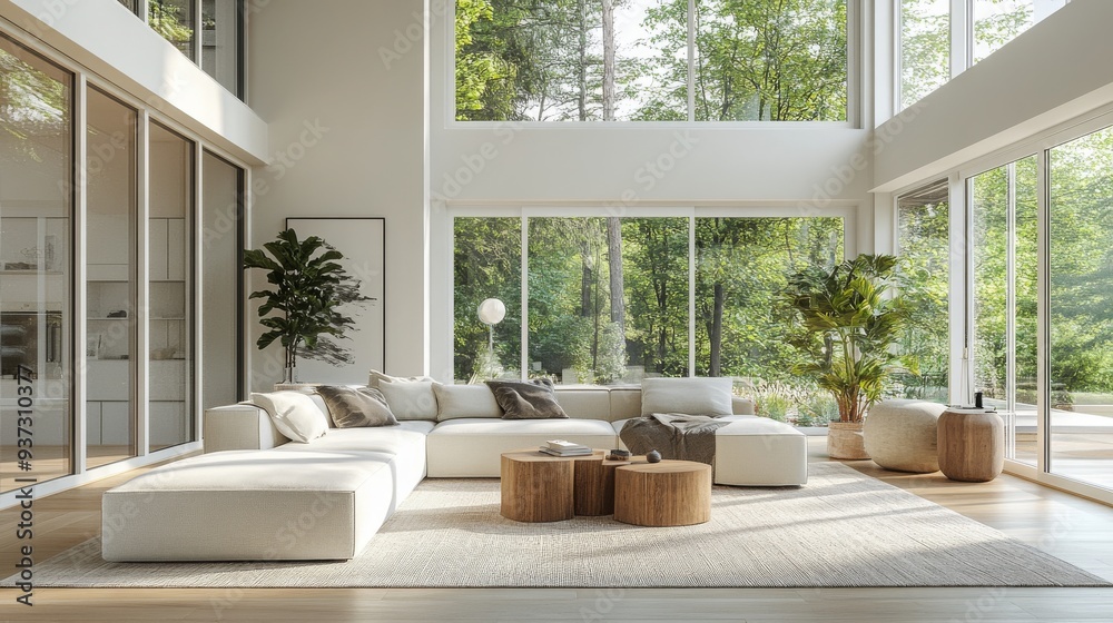 Fototapeta premium modern minimalist living room with natural light , neutral color palette minimalist living room , modern minimalist living room , open floor plan , neutral color palette