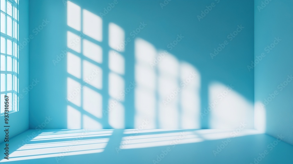Light blue minimalistic background with shadows and light effects from windows, suitable for product presentations Light blue minimalistic background with shadows and light effects from windows, suitable for product presentations