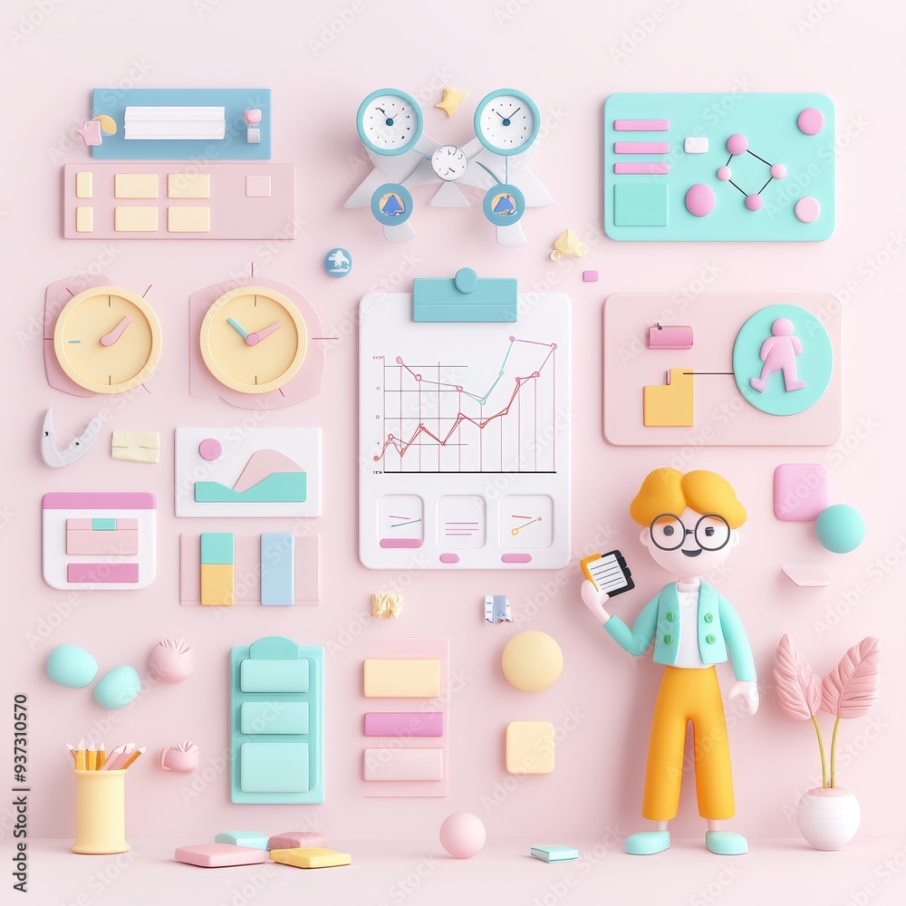 D Illustration Businessman With Charts And Graphs On Pink Background D Illustration Businessman With Charts And Graphs On Pink Background