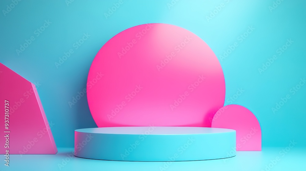 Light blue podium with pink geometric shapes on a turquoise background Light blue podium with pink geometric shapes on a turquoise background