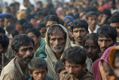 man with a beard sits in a crowd of people. The crowd is mostly women, and they are all wearing colorful scarves. The man looks tired and is looking down at his hands. Scene is somewhat somber