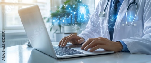 A doctor in a white coat using a laptop with a stock market chart and a digital screen background
