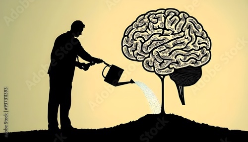 Silhouette of a man watering the tree plant in the shape of the human brain. Mind and knowledge growth concept, creativity and improvement, optimistic intellect and education