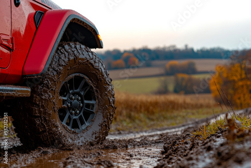 A close-up shot of the tire on an off-road vehicle