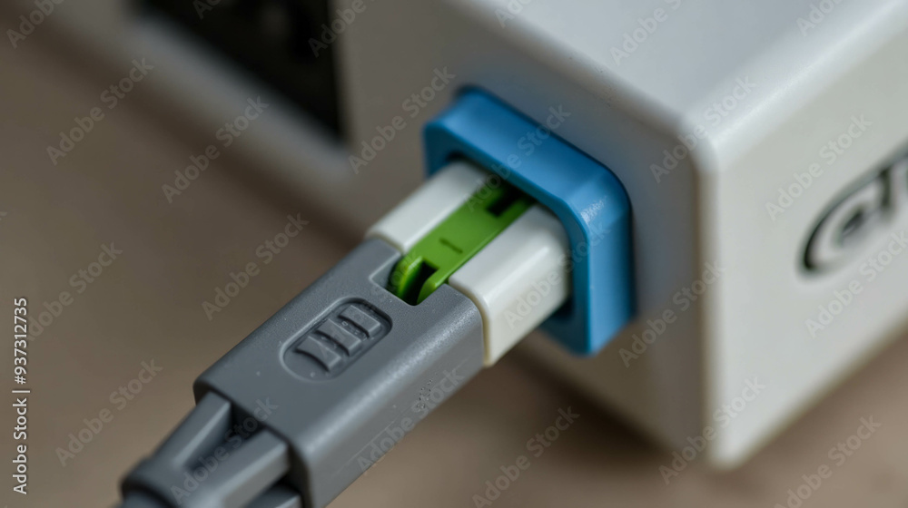 A connector is being plugged into a device, highlighting the detailed design and engineering of the connection point. The vibrant colors emphasize its functionality and usability A connector is being plugged into a device, highlighting the detailed design and engineering of the connection point. The vibrant colors emphasize its functionality and usability
