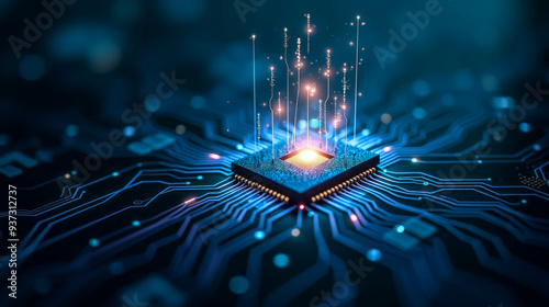 A detailed depiction of a microchip at the center, surrounded by vibrant, glowing data streams that highlight advancements in technology and computing